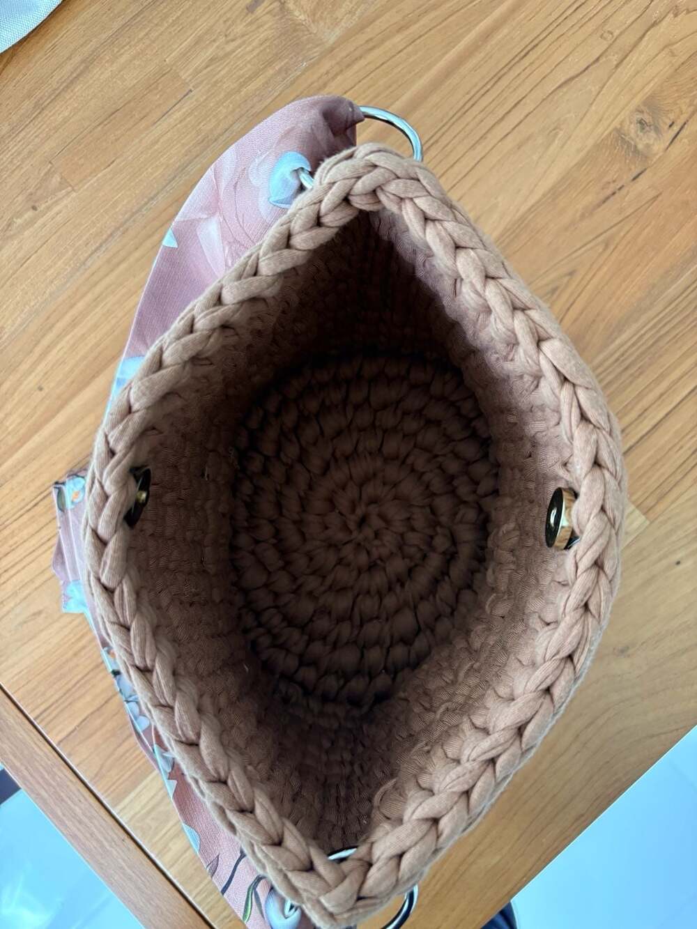 Handmade Boho Cottagecore Crochet Bucket Bag with Floral Print Ribbon Strap - Picture 6 of 9